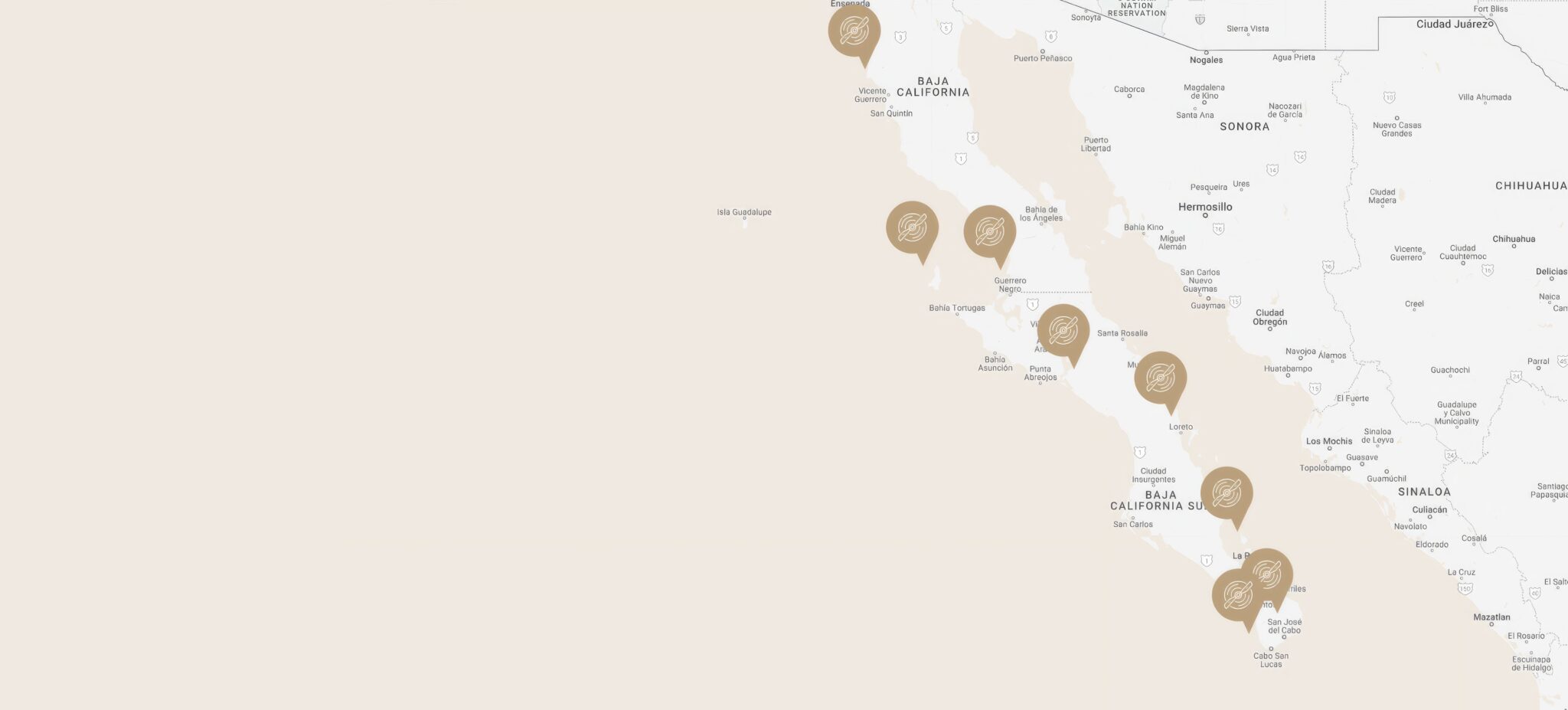 Map of private plane charter routes throughout Baja California and Baja California Sur