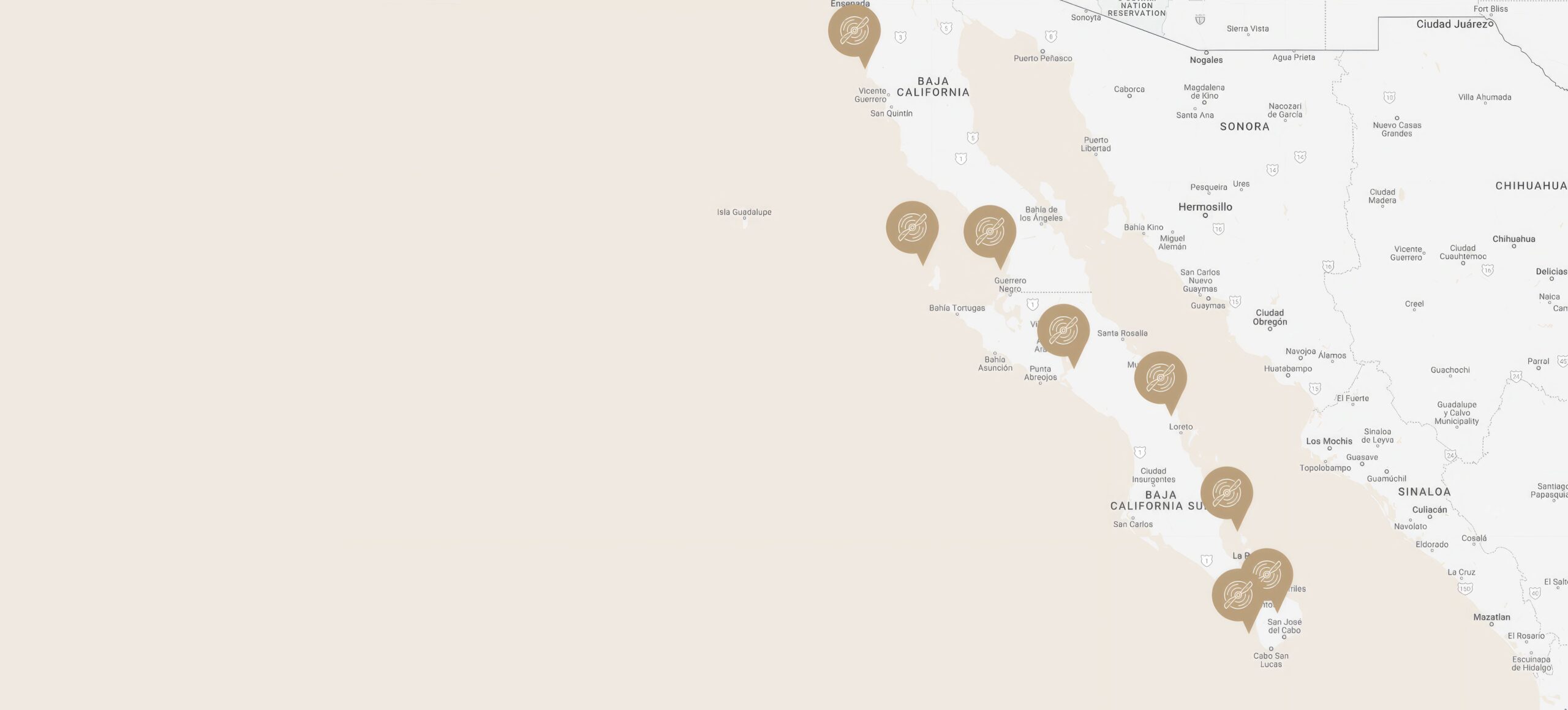 Map of private charter flight destinations across Baja California Mexico