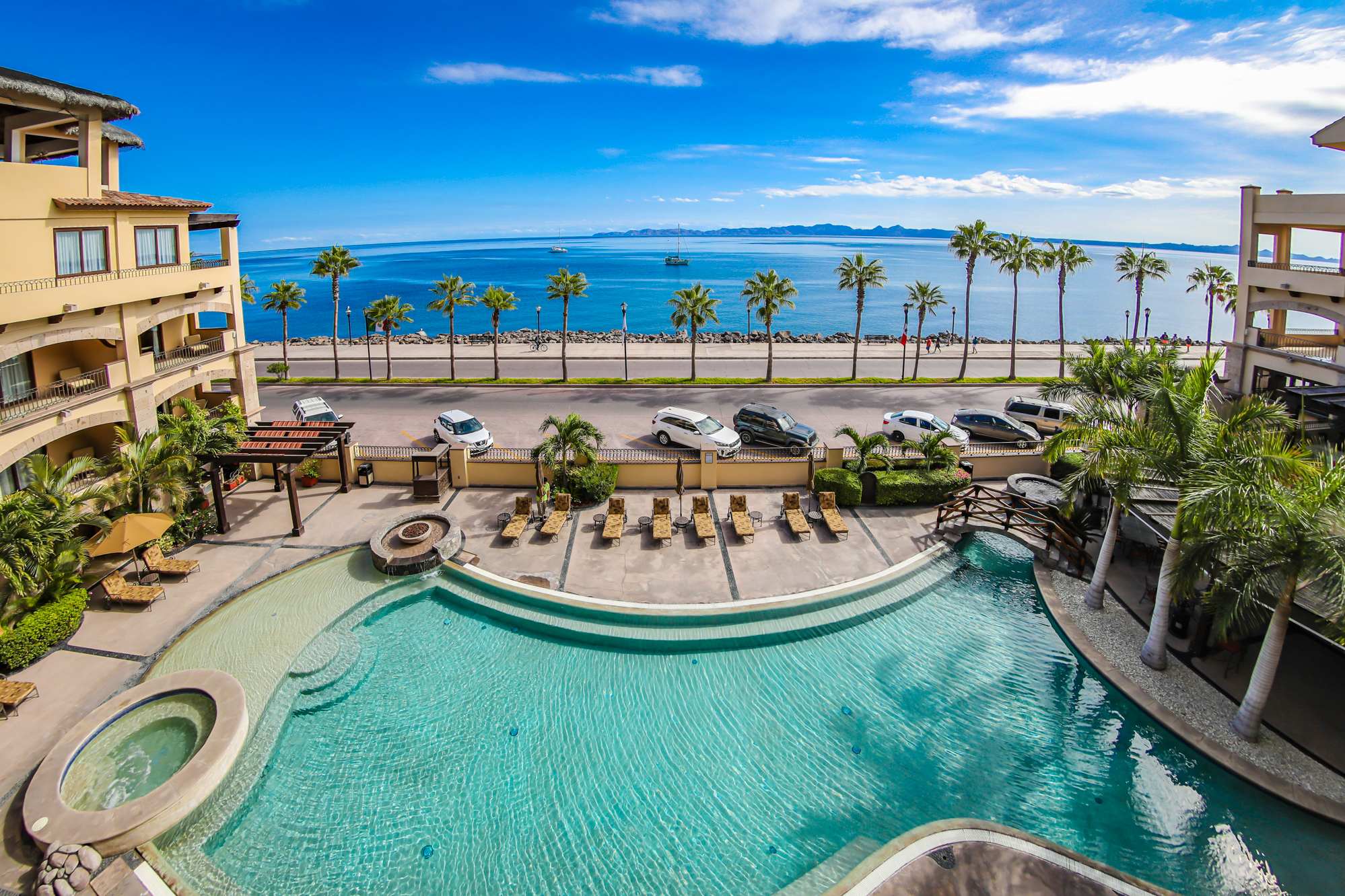 Aerial view of beachfront resort in Loreto, Baja California Sur
