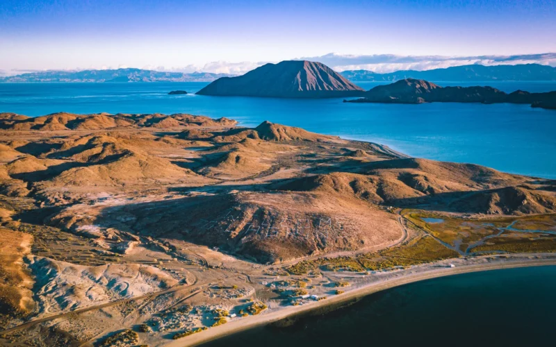 Aerial view of Bahía de los Ángeles in Baja California, Mexico