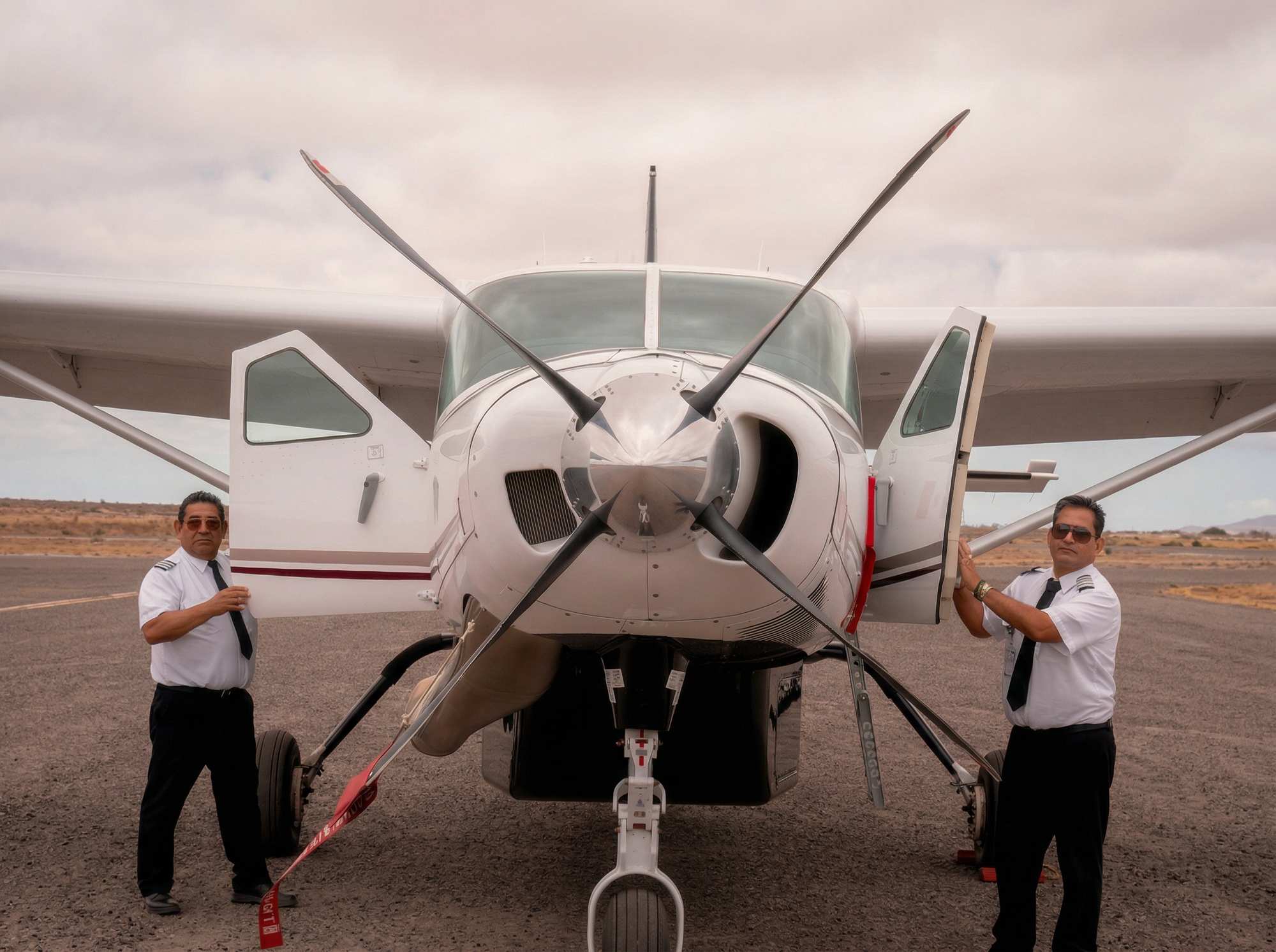 Charter flight pilots standing with aircraft in Baja Mexico