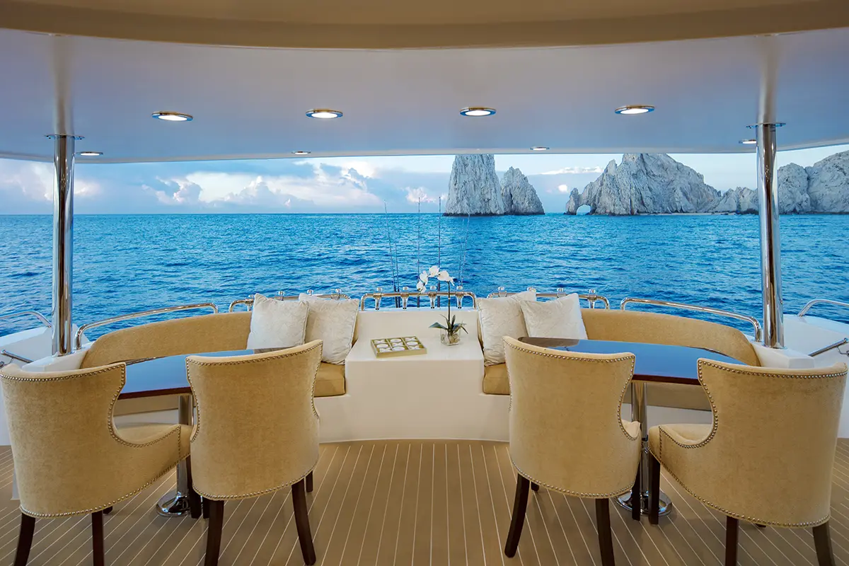 Northern Dream yacht exterior near the Cabo San Lucas arch for a luxury charter