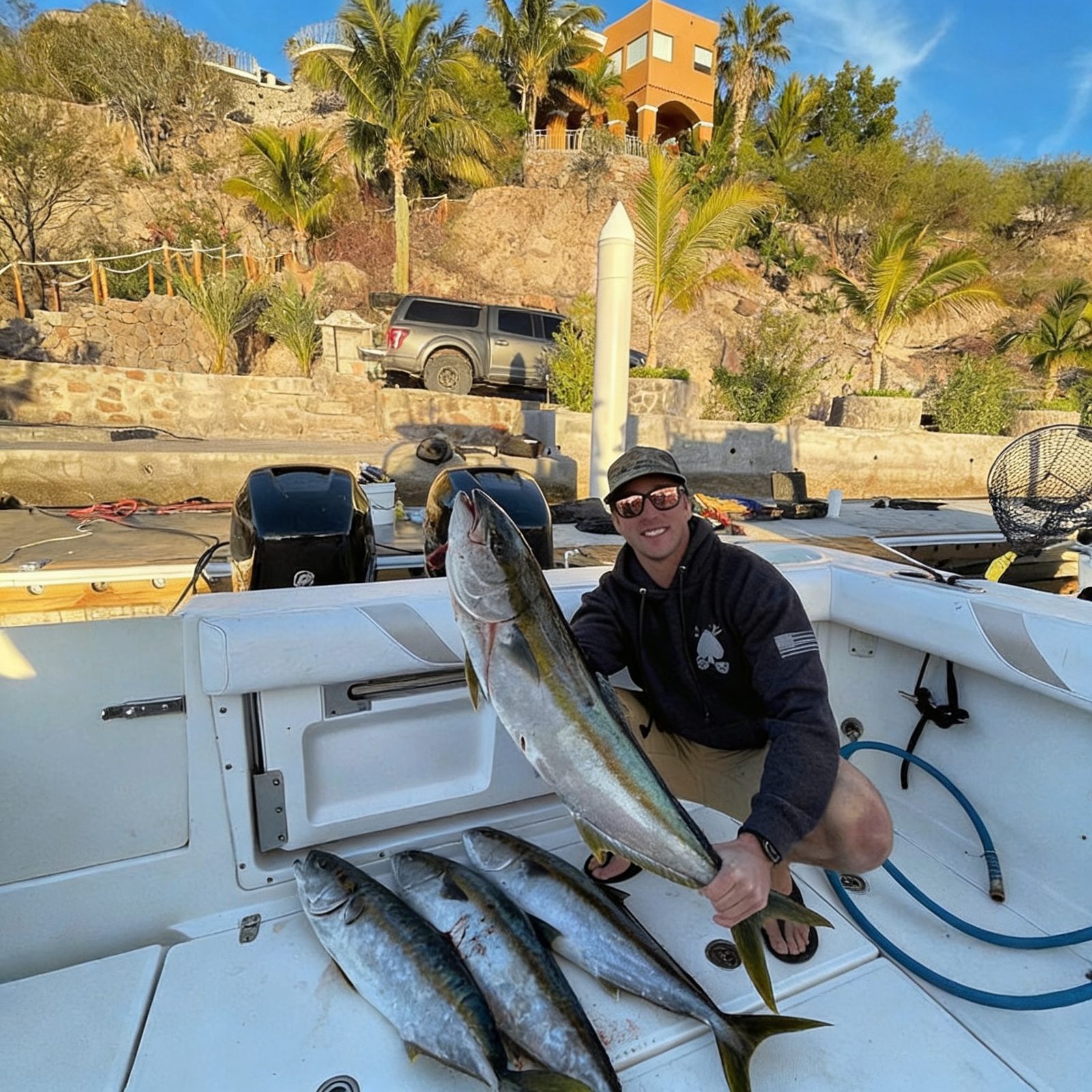 Guests aboard a private Loreto boat charter with a fresh catch in the Sea of Cortez