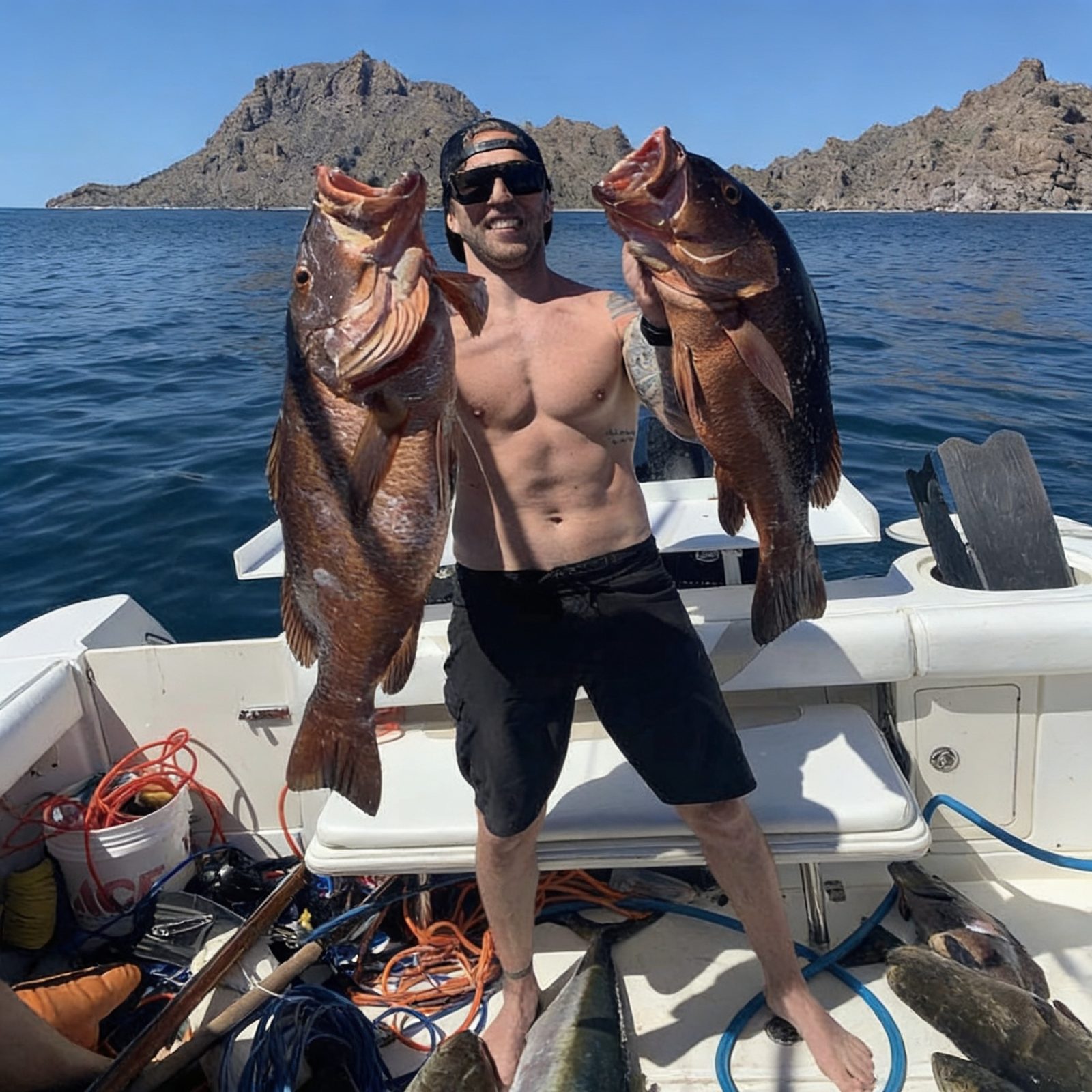 Angler aboard a private Loreto fishing charter with a catch near the Loreto islands