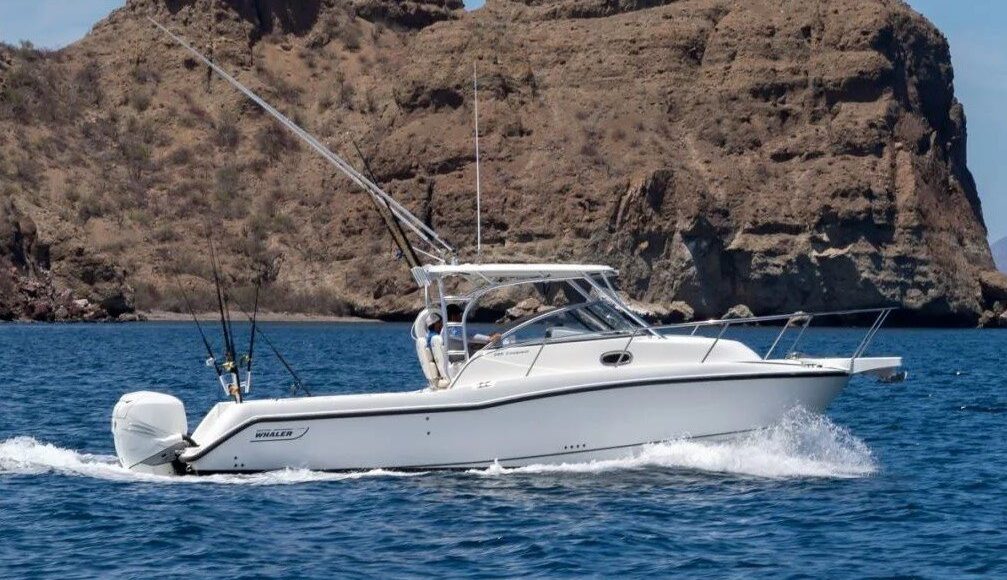 Boston Whaler private boat charter cruising near rocky islands in Loreto, Mexico