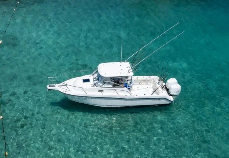 Aerial view of a private Boston Whaler fishing charter boat in clear turquoise water near Loreto