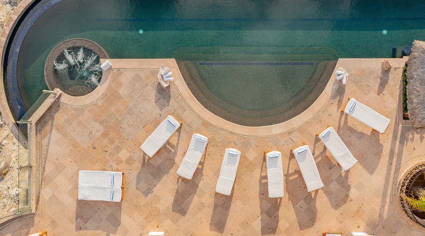 Villa Turquesa aerial view of patio with jacuzzi and infinity pool in Pedregal Cabo San Lucas