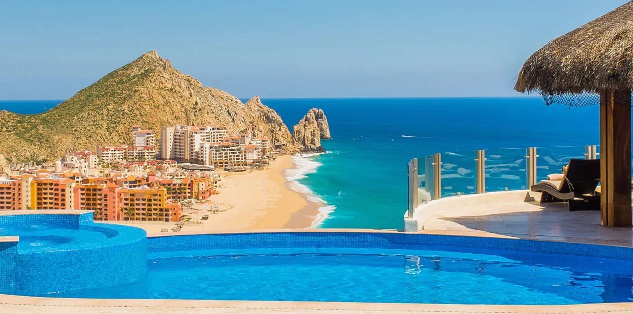 Luxury villa view overlooking Cabo San Lucas, the beach, and the Sea of Cortez