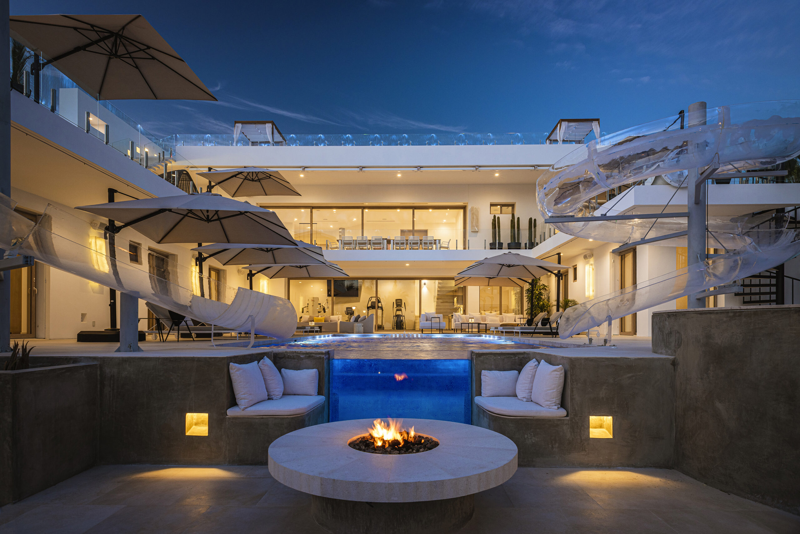 Casa Aqua Blanca firepit at dusk in Punta Bella, Family Friendly Los Cabos