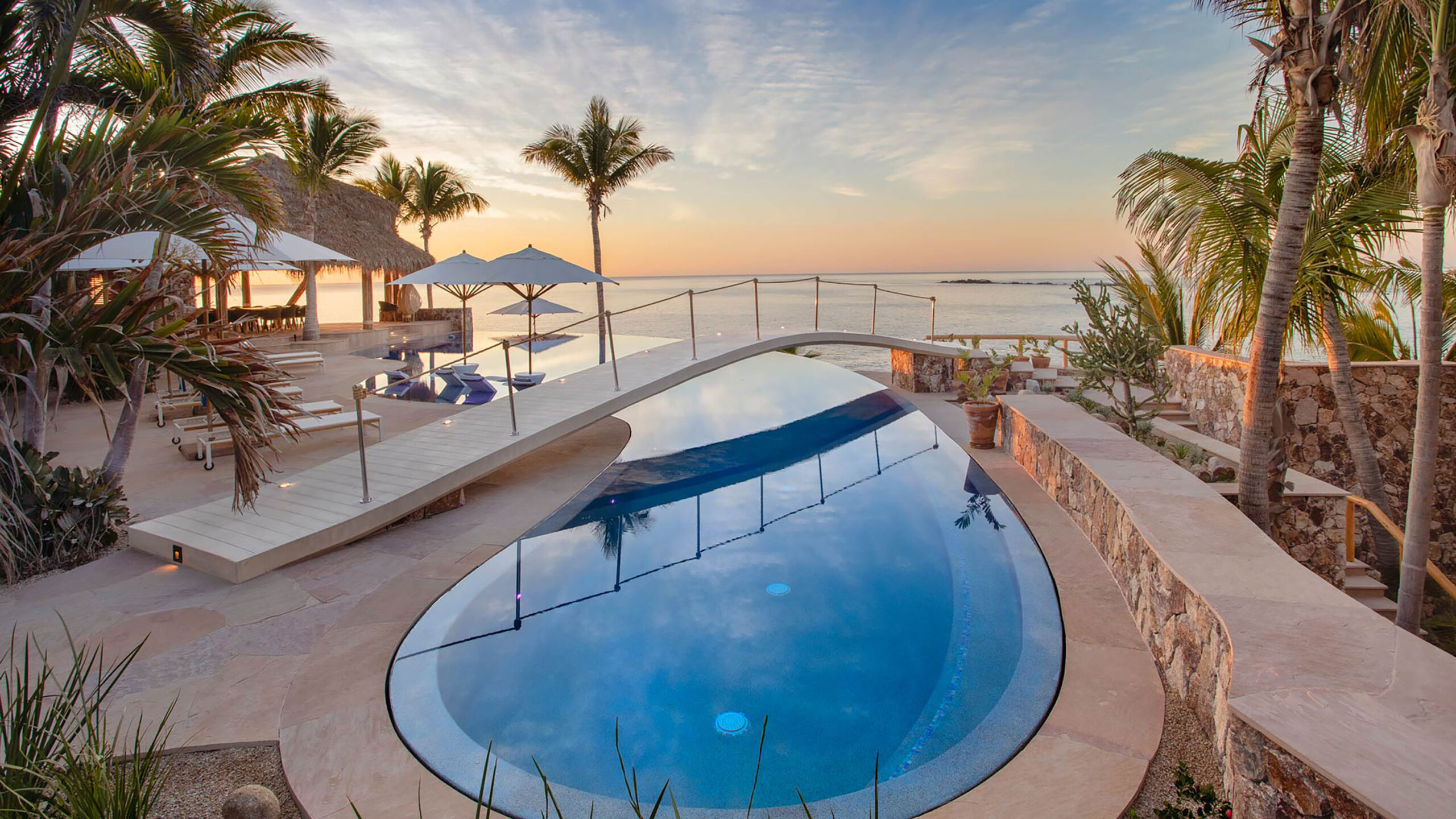 Casa Cielito del Mar beachfront infinity pool framed by swaying palms meets tropical ocean views—a stunning backdrop to unwind as the sun dips over the hor