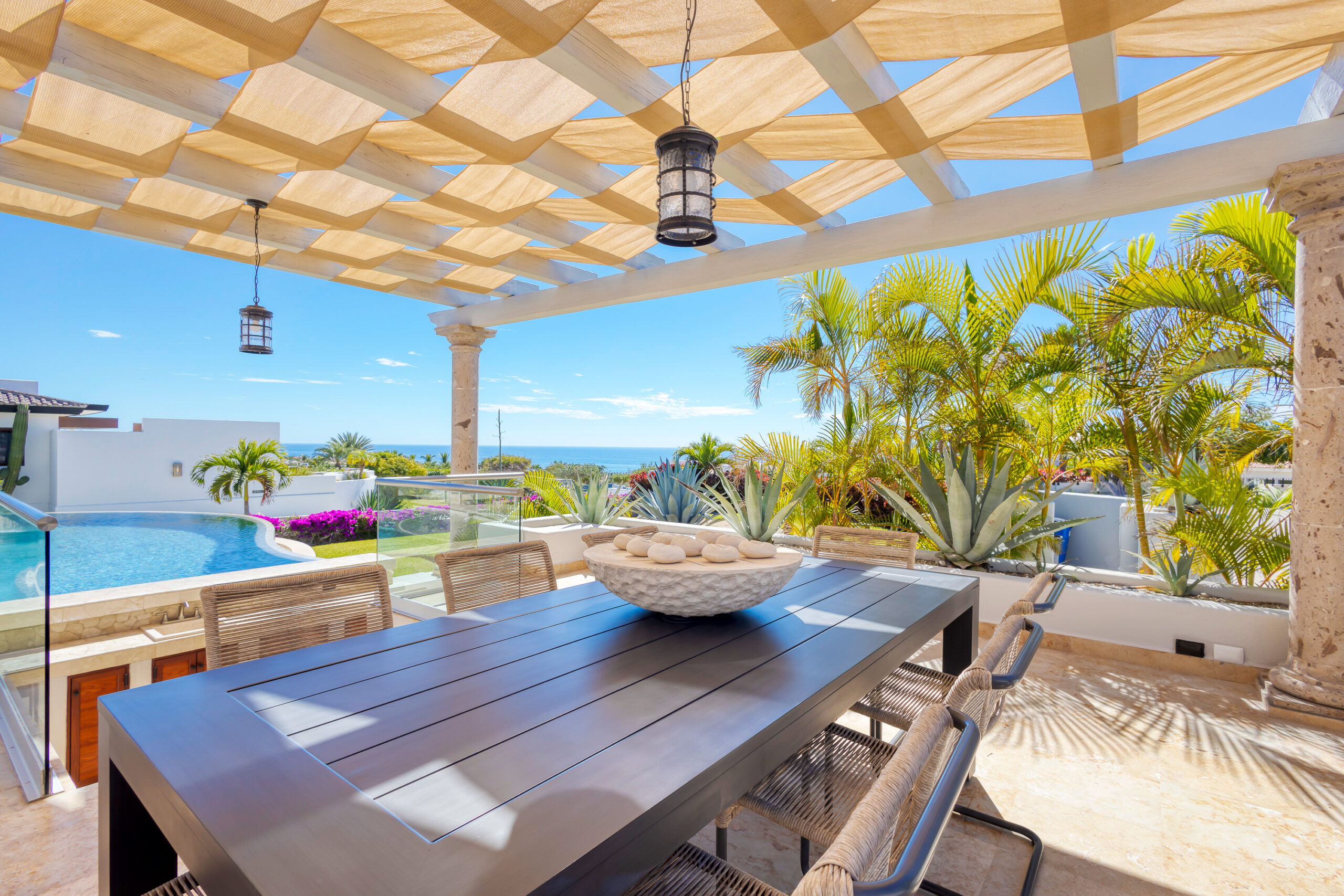 Casa Micana outdoor dining with ocean views in Puerto Los Cabos, Golf Nearby Los Cabos