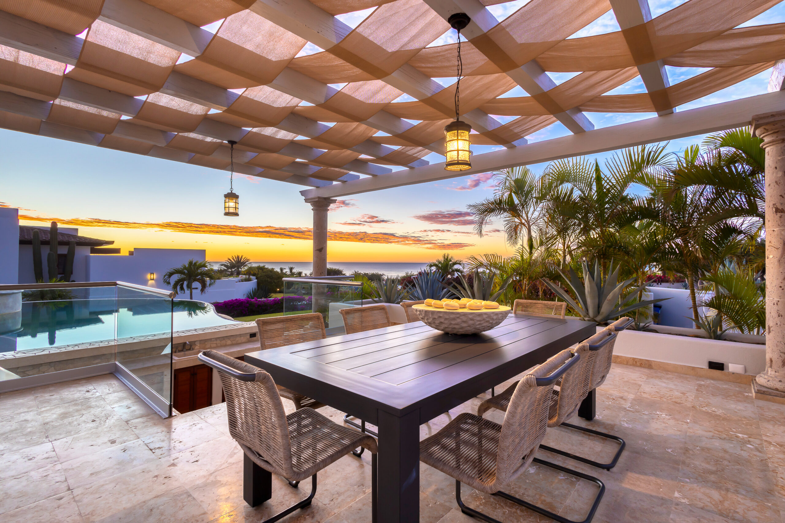 Casa Micana outdoor dining with ocean views in Puerto Los Cabos, Golf Nearby Los Cabos