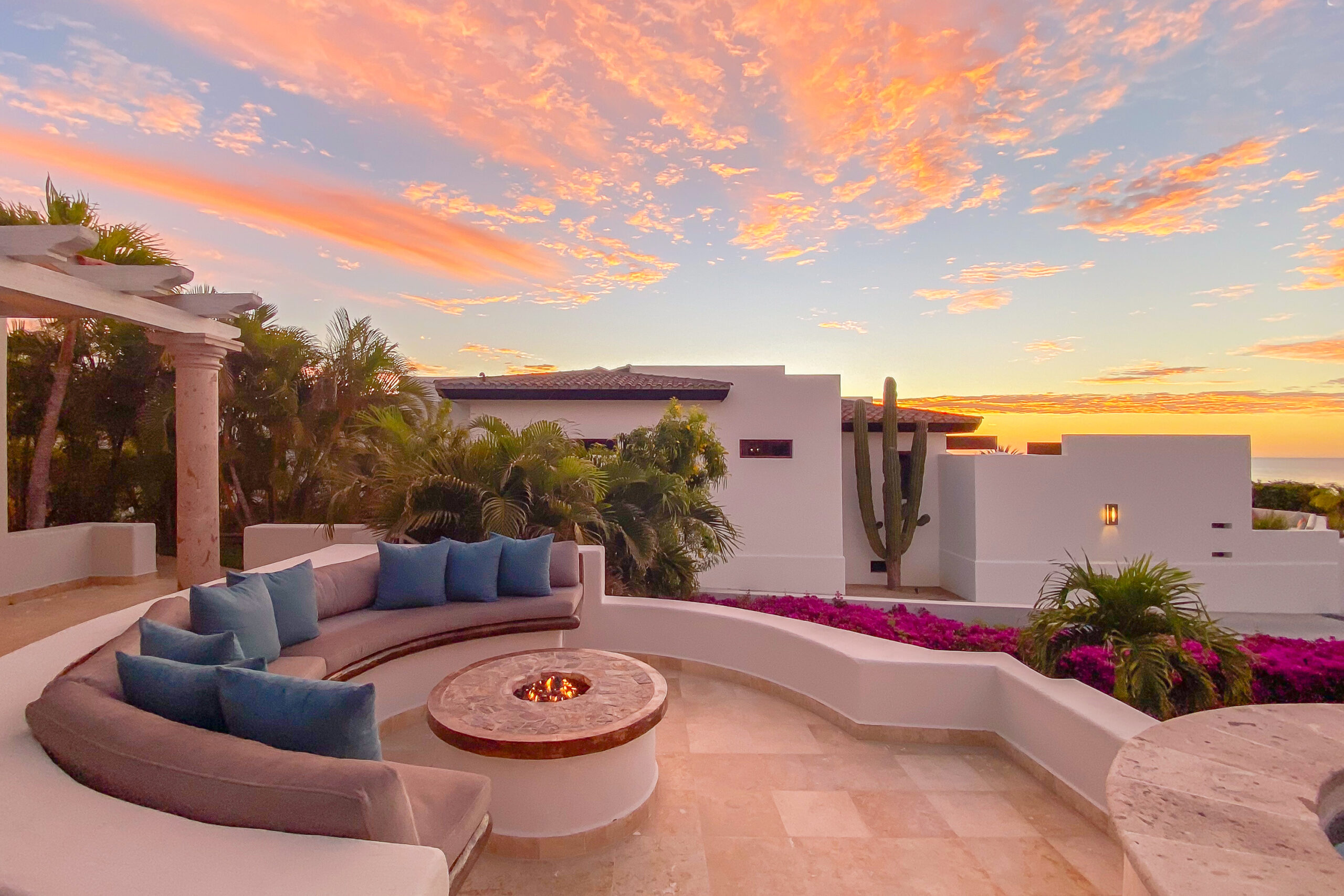 Casa Micana patio with fire pit during sunset in Puerto Los Cabos, Golf Nearby Los Cabos