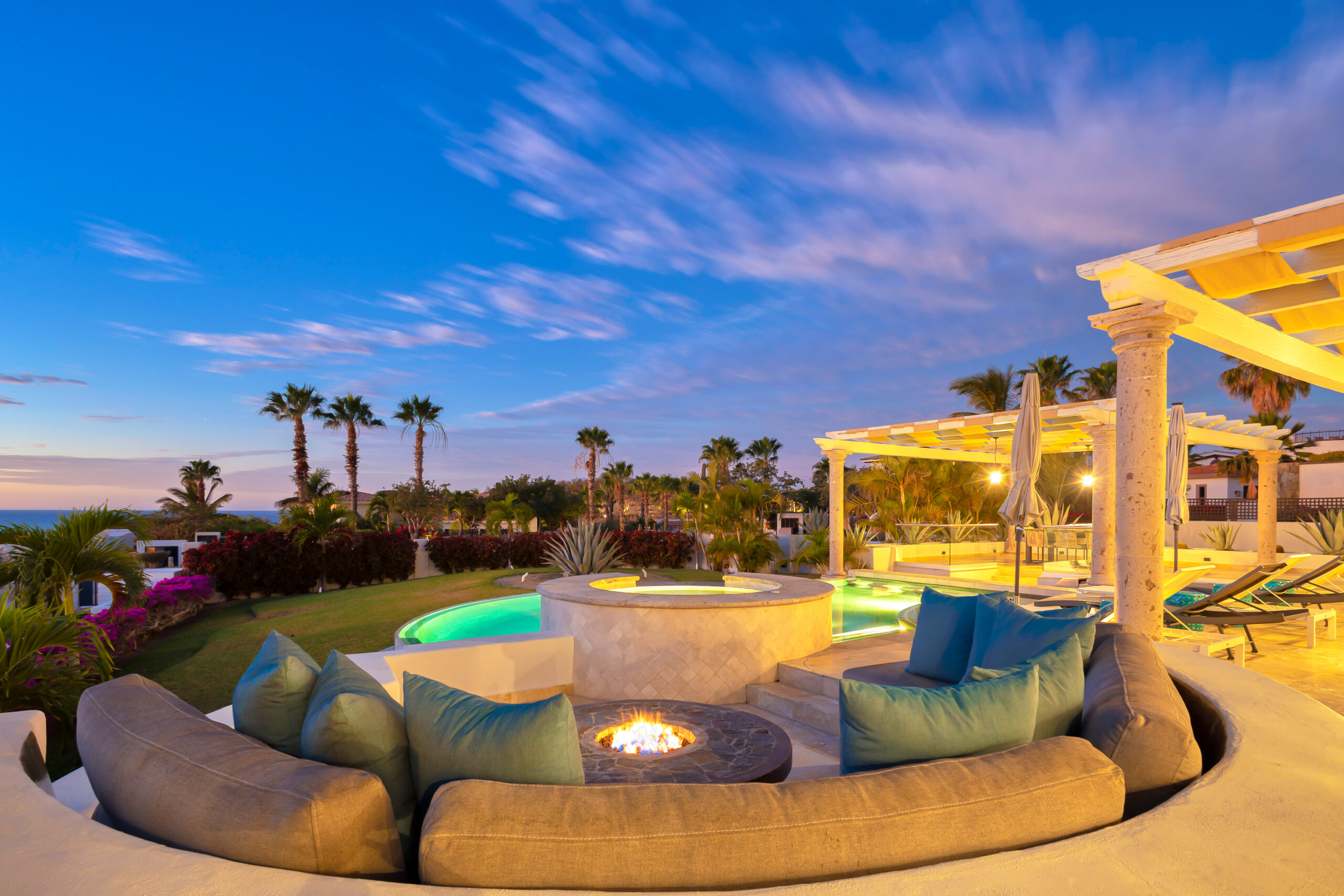 Casa Micana patio with fire pit during sunset in Puerto Los Cabos, Golf Nearby Los Cabos