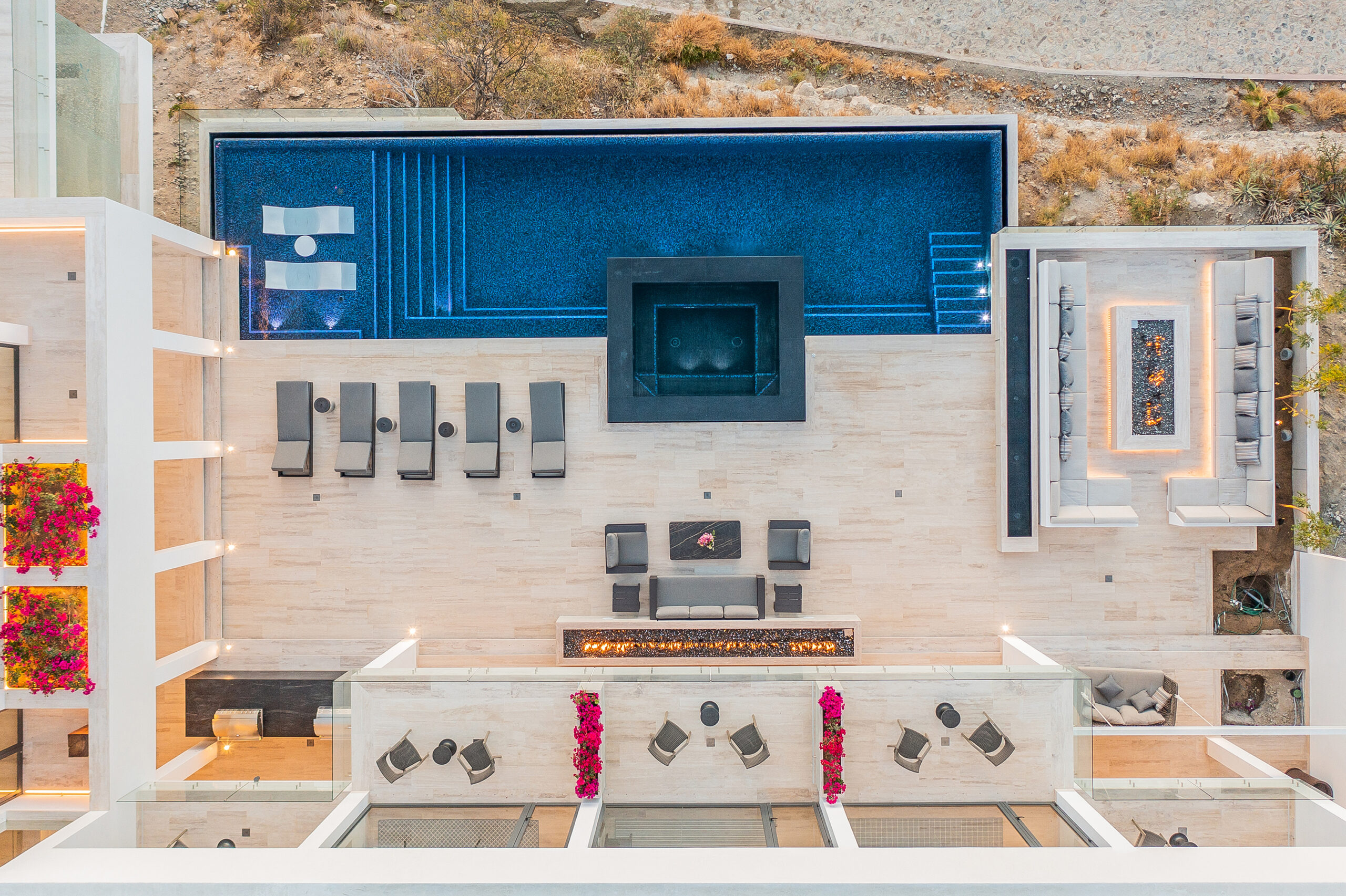 Villa Aurora aerial view of patio in Pedregal Pacific, Marina View Los Cabos