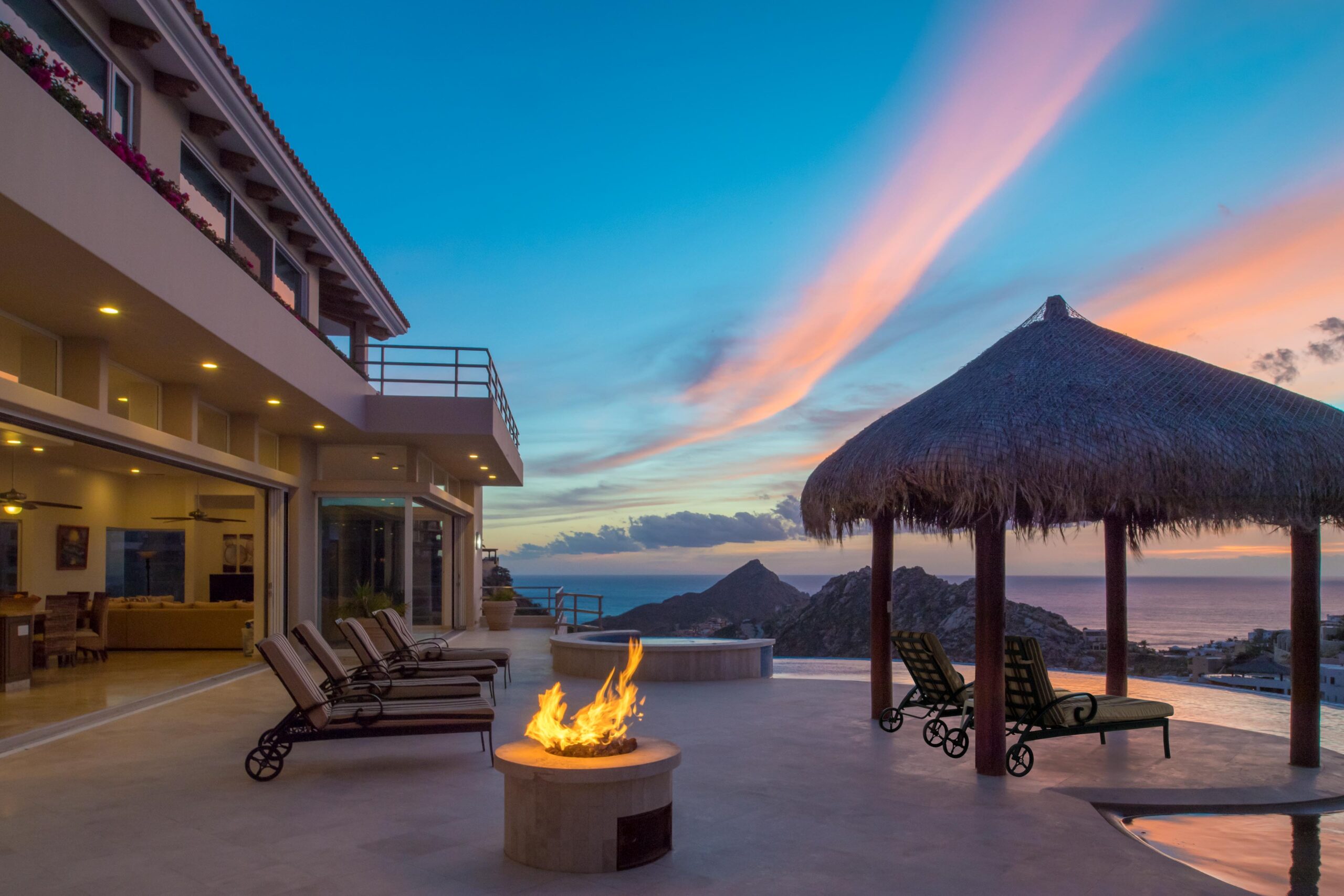 Villa Del Mar pool deck and fire pit in Pedregal Pacific, Ocean View Los Cabos