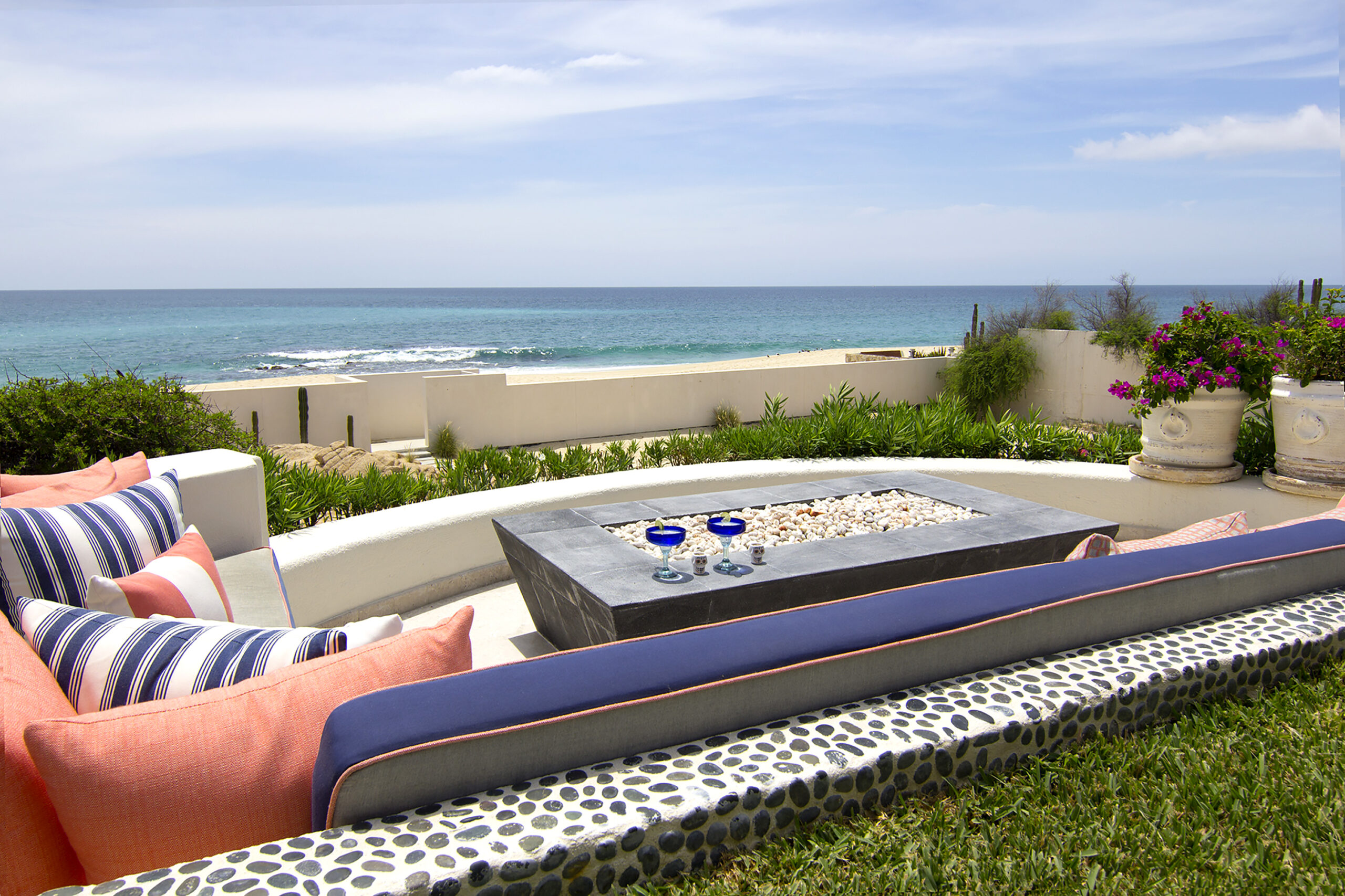 Villa Delfines patio with firepit and an beachfront view in Cabo Real, Beachfront Los Cabos