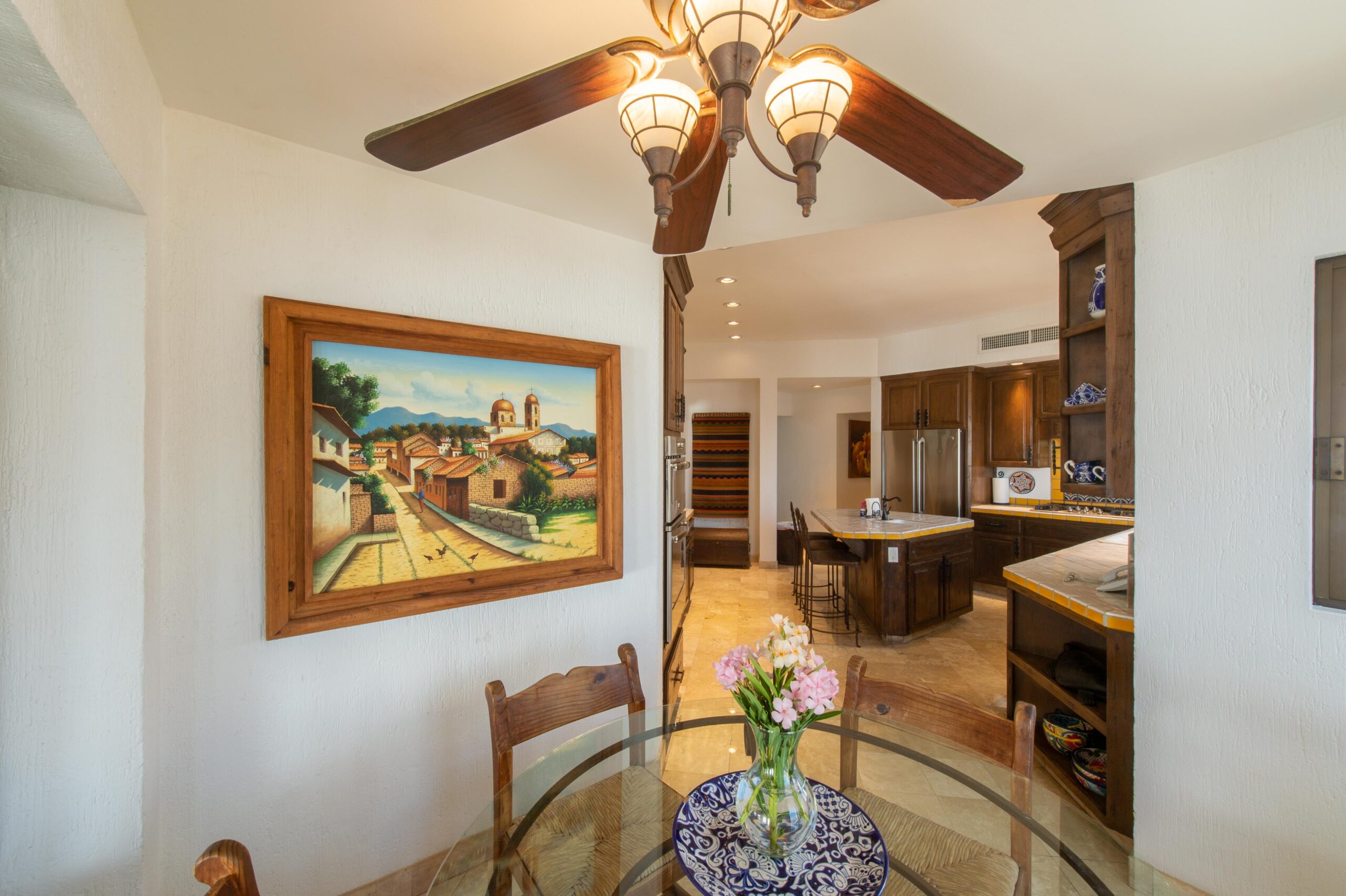 Villa Grande breakfast nook and kitchen in Pedregal Pacific, Oceanfront Los Cabos