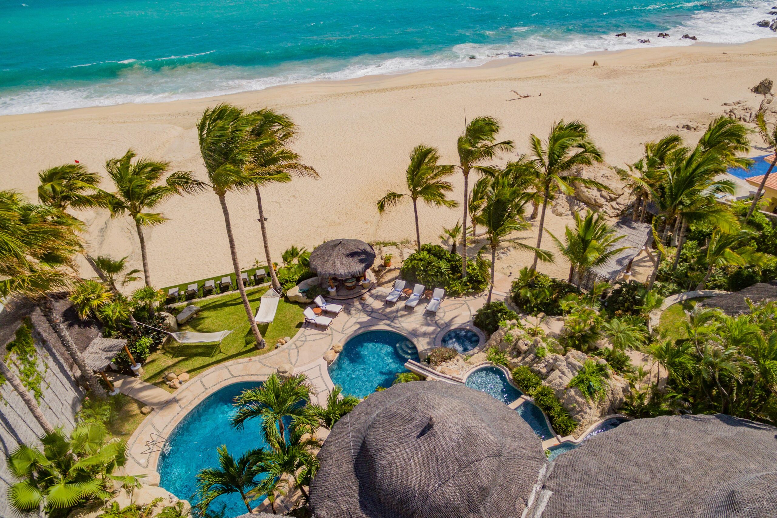 Villa Las Rocas ariel view of patio and beachfront in Costa Brava, Beachfront Los Cabos