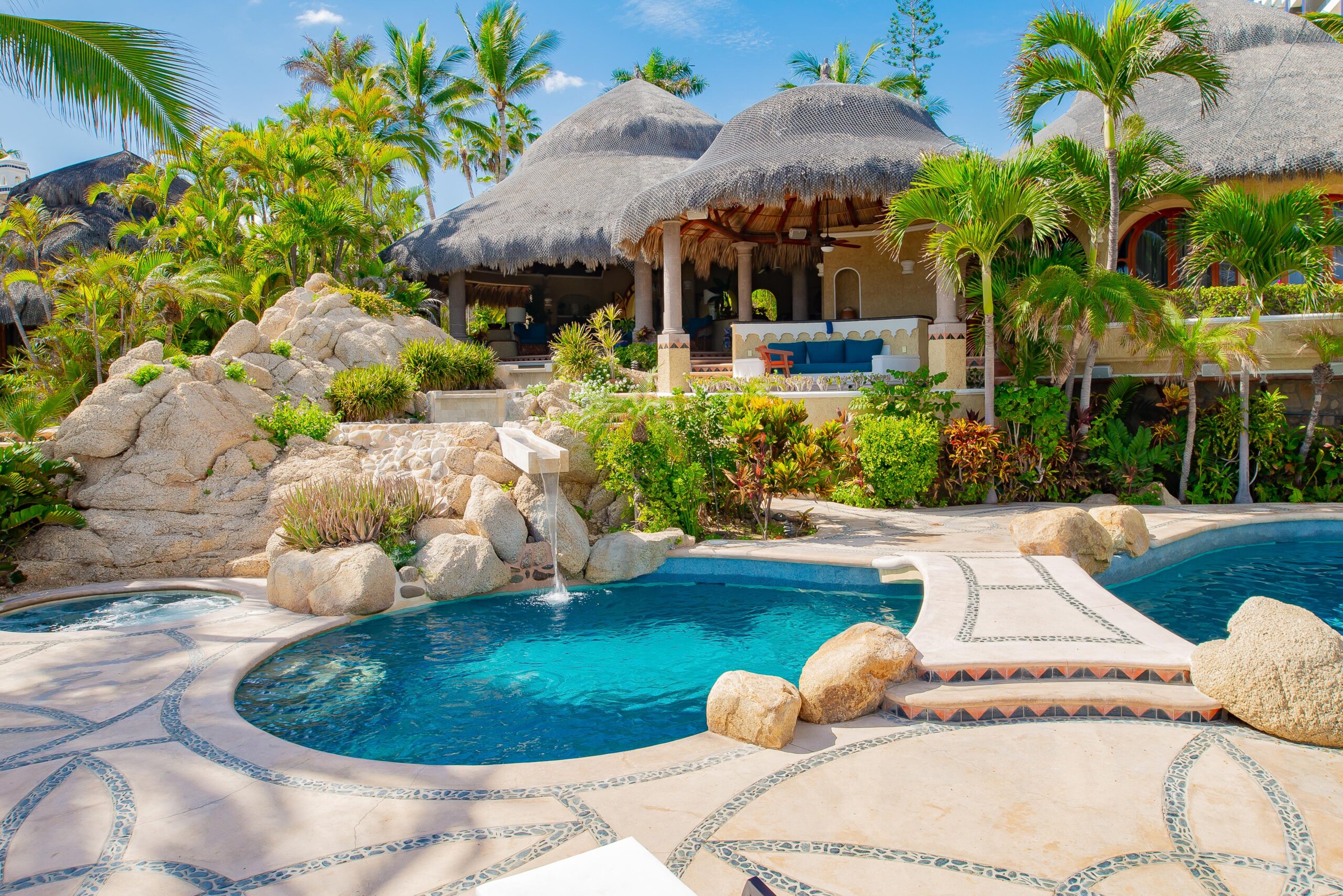 Villa Las Rocas poolside view of patio in Costa Brava, Beachfront Los Cabos