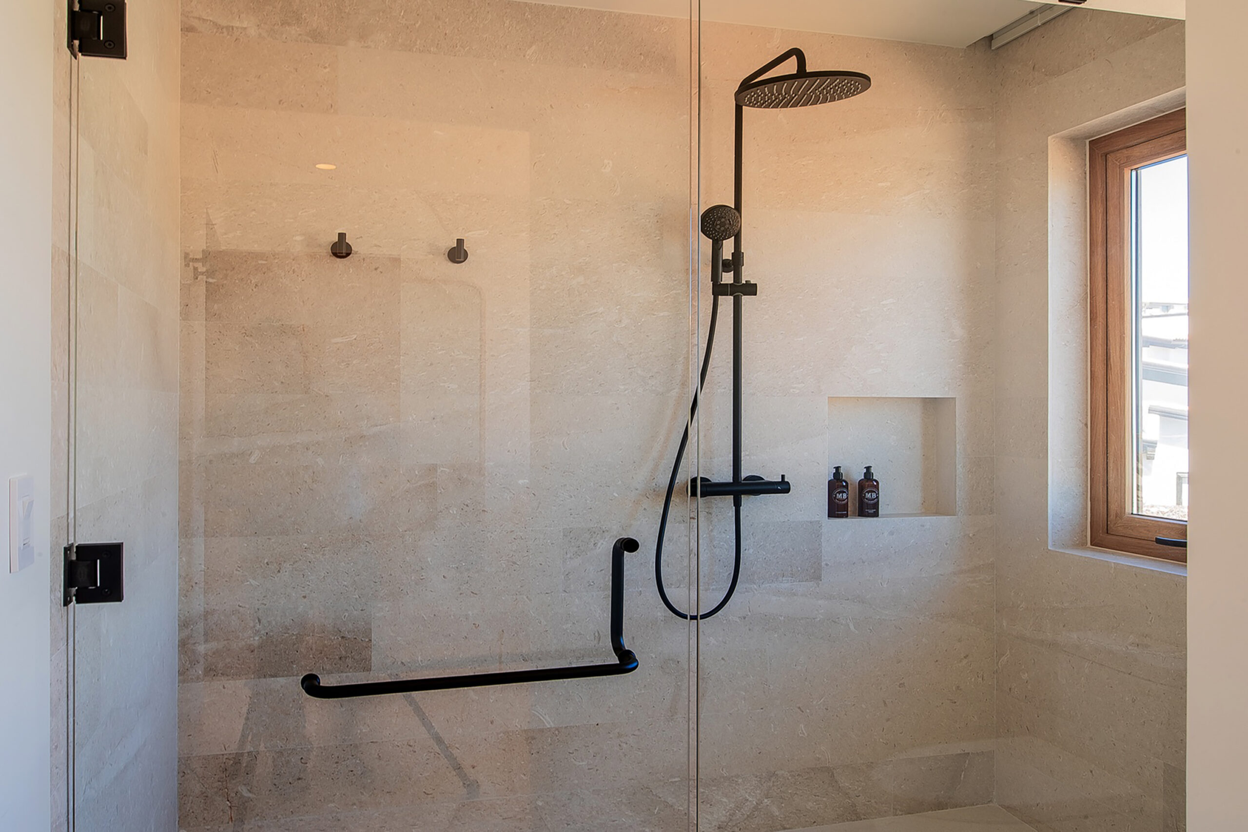 Villa Lazul en suite bathroom with double sink and walk in shower in Cabo Colorado, Onsite Villa Staff Los Cabos