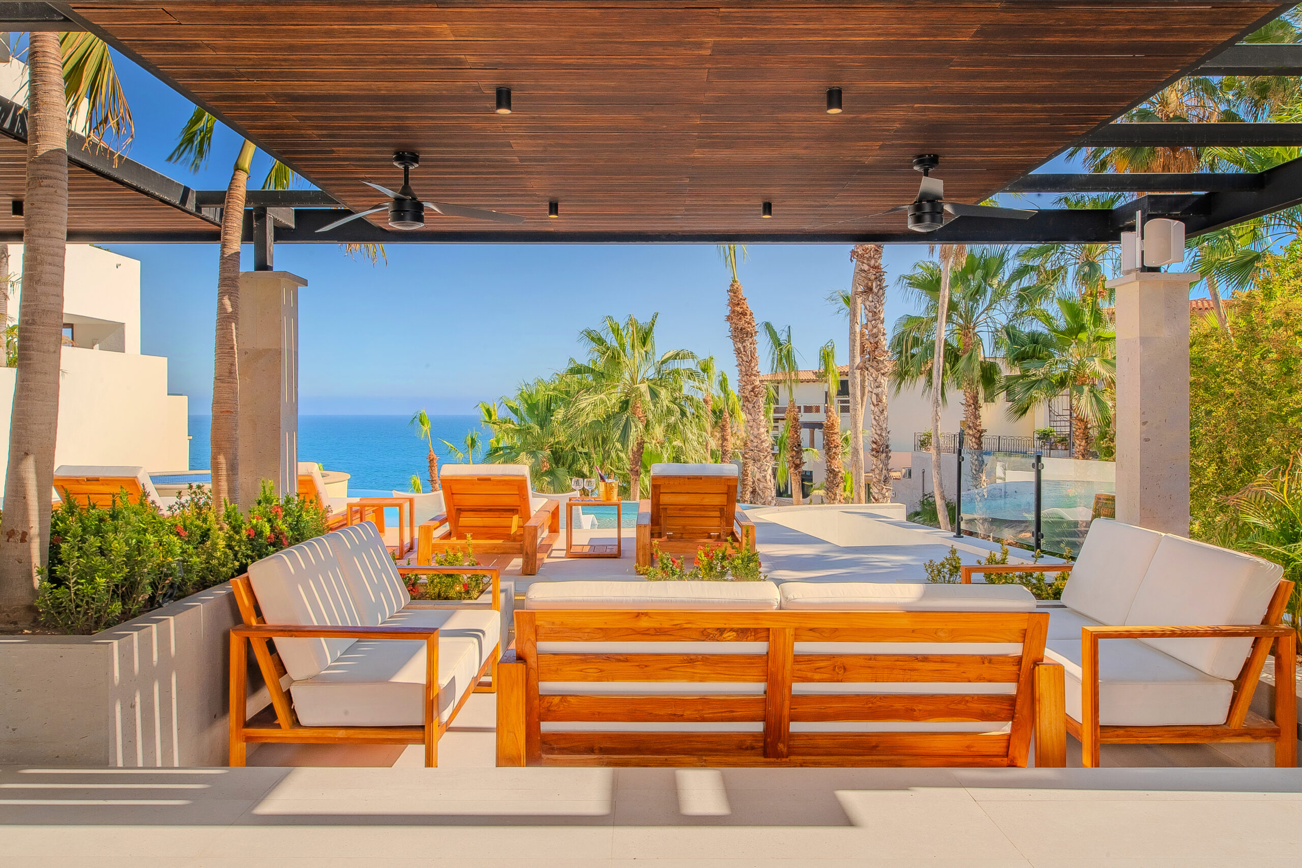 Villa Mareas terrace patio with outdoor furniture in Cabo Bello, Swimmable Beach Los Cabos