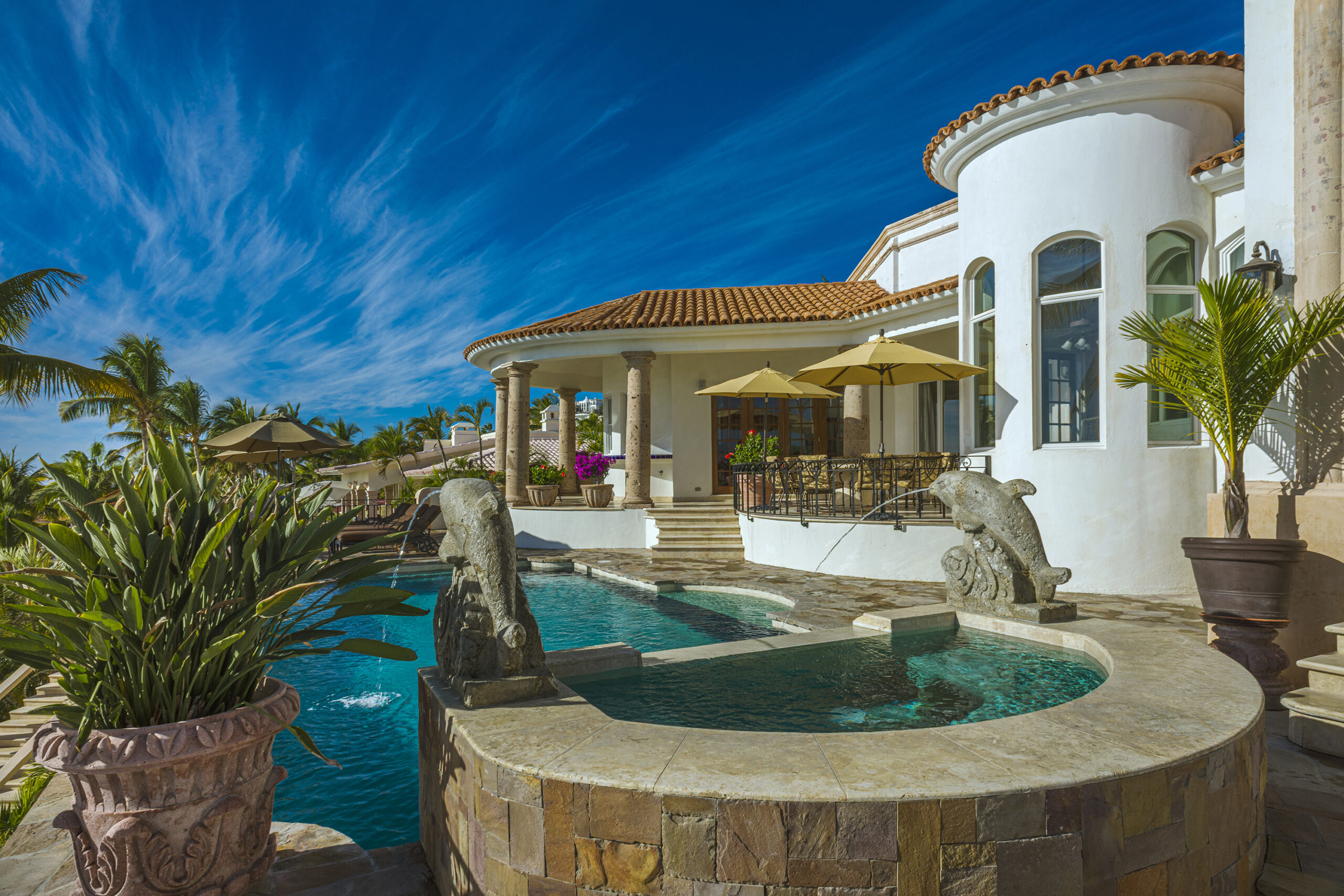 Villa Paraiso poolside patio view of villa in Palmilla, Swimmable Beach Los Cabos
