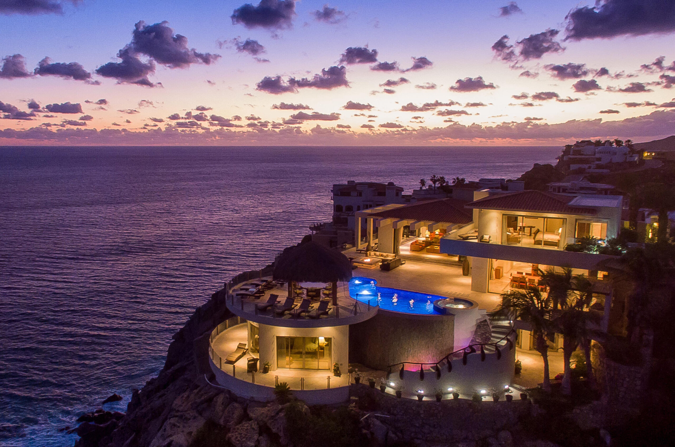 Villa Penasco bird's eye view of villa during sunset in Pedregal Pacific, Onsite Villa Staff Los Cabos