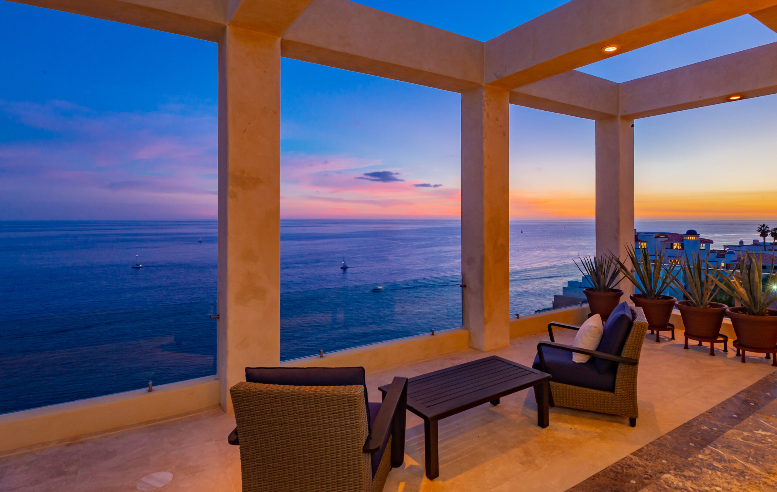 Villa Penasco sunset views on the Spacious outdoor terrace in Pedregal Pacific, Onsite Villa Staff Los Cabos