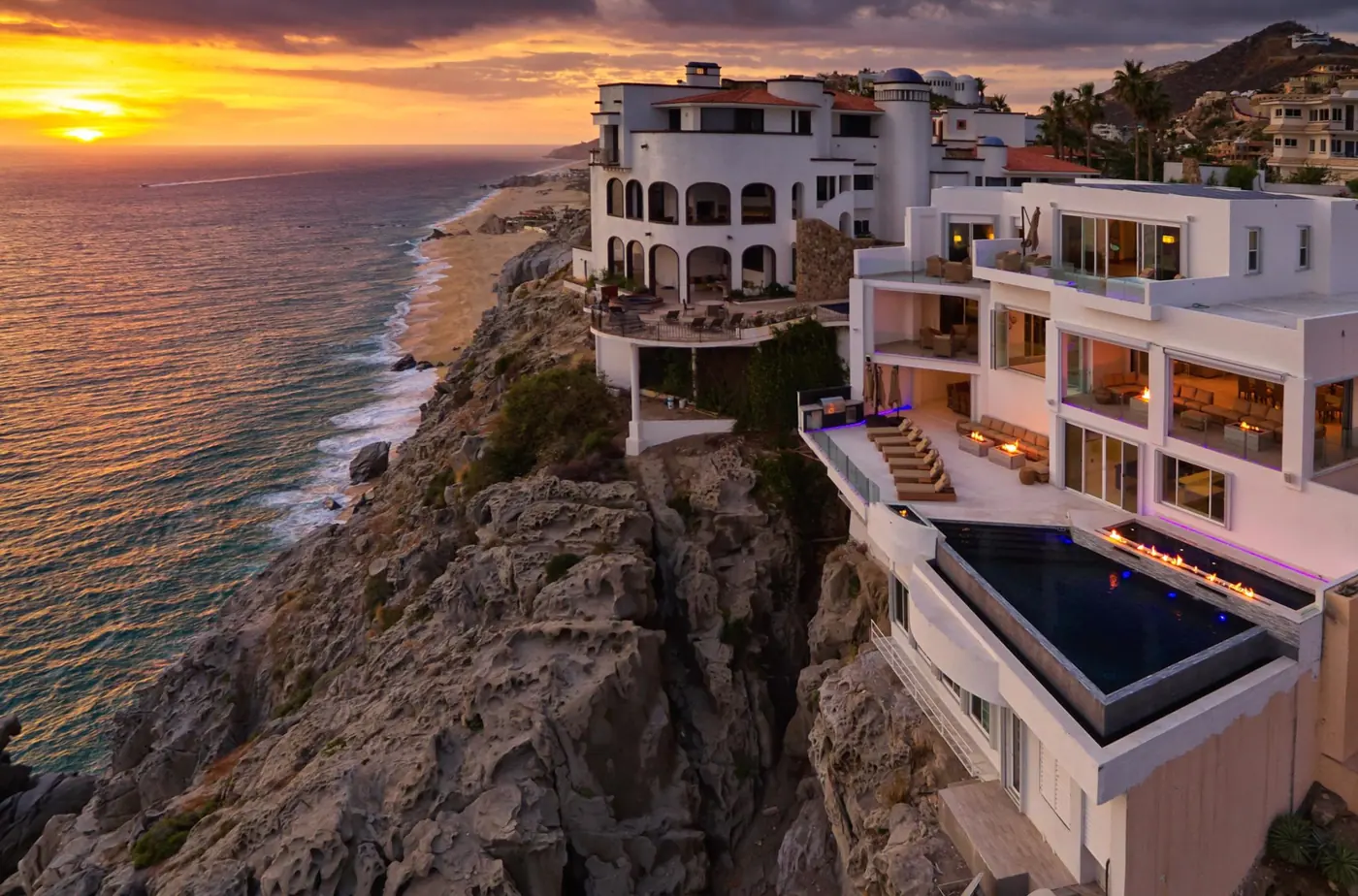 Oceanfront Pedregal villas in Cabo San Lucas at sunset