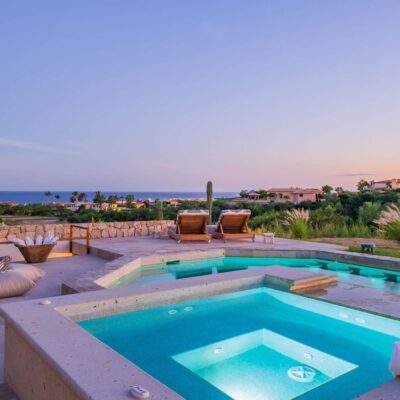 Naah Payil in Cabo del Sol, Los Cabos Tourist Corridor — Pool and jacuzzi illuminated at dusk